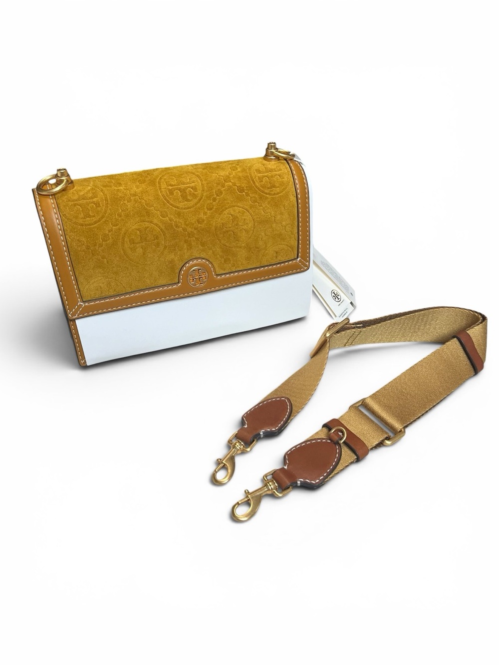 ✧ Tory Burch Suede Embossed Shoulder Bag In Deep Sunflower - Picture 8 of 9